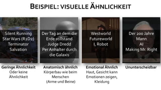 BEISPIEL: VISUELLE ÄHNLICHKEIT


 Silent Running       Der Tag an dem die      Westworld          Der 200 Jahre
Star Wars (R2D2)        Erde stillstand      Futureworld             Mann
   Terminator            Judge Dredd           I, Robot               AI
    Salvation         Per Anhalter durch                        Making Mr. Right
                          die Galaxis

Geringe Ähnlichkeit   Anatomisch ähnlich   Emotional Ähnlich    Ununterscheidbar
    Oder keine        Körperbau wie beim   Haut, Gesicht kann
    Ähnlichkeit           Menschen         Emotionen zeigen,
                       (Arme und Beine)        Kleidung
 