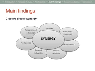 > Introduction > Purpose of study > Methodology > Main Findings > Recommendations > Conclusion




  Main findings
  Clusters create ‘Synergy’
 