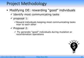 Project Methodology
 Modifying DE: rewarding “good” individuals
 Identify most communicating tasks
 proposal 1:
Reward individuals keeping most communicating tasks
near to each other
 Proposal 2:
 Try generate “good” individuals during mutation or
recombination operations
Filipo Novo Mór 37
 
