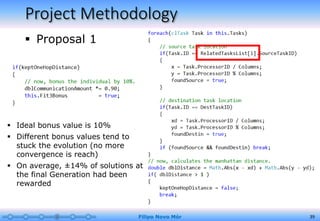 Project Methodology
 Proposal 1
Filipo Novo Mór 39
 Ideal bonus value is 10%
 Different bonus values tend to
stuck the evolution (no more
convergence is reach)
 On average, ±14% of solutions at
the final Generation had been
rewarded
 