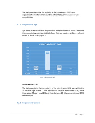 29 | P a g e
The statistcs refer to that the majority of the interviewees (72%) were
expatriates from different ten countries while the Saudi’ interviewees were
around (28%).
4.2.2. Respondents’ Age
Age is one of the factors that may influence ownership of a Cell phone. Therefore
the respondents were requested to indicate their age brackets, and the results are
shown in below chart (Figure 4).
Figure 4- Respondents' Age
Source: Research Data
The statistcs refer to that the majority of the interviewees (68%) were within the
30-40 years age bracket. Those between 40-50 years constituted (17%) while
those above 50 years only (1%) and those between 20-30 years constituted (15%)
of the sample
4.2.3. Respondents’ Gender
20th 30th 40th 50th
Value 15% 68% 17% 1%
15%
68%
17%
1%
0%
10%
20%
30%
40%
50%
60%
70%
80%
RESPONDENTS’ AGE
 