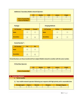 56 | P a g e
Additional / Secondary Mobile network Operator:
STC Mobily ZAIN Lebara Virigin
☐ ☐ ☐ ☐ ☐
Years of ownership
Count of Numbers
Package:
Cell Number Postpaid Prepaid
Main ☐ ☐
Secondary ☐ ☐
Charging Method:
Cell Number Online Scratched Card
Main ☐ ☐
Secondary ☒ ☐
Ported Number* :
Cell Number Yes No
Main ☐ ☐
Secondary ☐ ☐
Ported Numbers are those transferred from original Mobile network to another with the same number.
If (Yes) New Operator
STC Mobily ZAIN Lebara Virigin
☐ ☐ ☐ ☐ ☐
Years of ownership
3) Customer Experience
a. Service quality
1) Your mobile network operator following your requests with high priority and in reasonable time
Strongly agree Agree Neutral Disagree Strongly disagree
☐ ☐ ☐ ☐ ☐
 