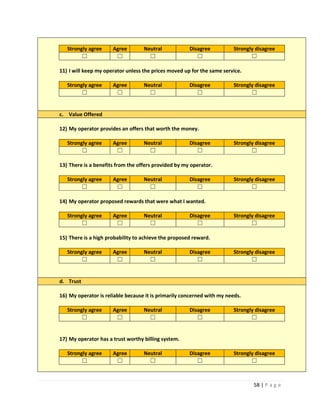 58 | P a g e
Strongly agree Agree Neutral Disagree Strongly disagree
☐ ☐ ☐ ☐ ☐
11) I will keep my operator unless the prices moved up for the same service.
Strongly agree Agree Neutral Disagree Strongly disagree
☐ ☐ ☐ ☐ ☐
c. Value Offered
12) My operator provides an offers that worth the money.
Strongly agree Agree Neutral Disagree Strongly disagree
☐ ☐ ☐ ☐ ☐
13) There is a benefits from the offers provided by my operator.
Strongly agree Agree Neutral Disagree Strongly disagree
☐ ☐ ☐ ☐ ☐
14) My operator proposed rewards that were what I wanted.
Strongly agree Agree Neutral Disagree Strongly disagree
☐ ☐ ☐ ☐ ☐
15) There is a high probability to achieve the proposed reward.
Strongly agree Agree Neutral Disagree Strongly disagree
☐ ☐ ☐ ☐ ☐
d. Trust
16) My operator is reliable because it is primarily concerned with my needs.
Strongly agree Agree Neutral Disagree Strongly disagree
☐ ☐ ☐ ☐ ☐
17) My operator has a trust worthy billing system.
Strongly agree Agree Neutral Disagree Strongly disagree
☐ ☐ ☐ ☐ ☐
 