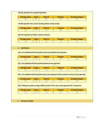 59 | P a g e
18) My operator has a good reputation.
Strongly agree Agree Neutral Disagree Strongly disagree
☐ ☐ ☐ ☐ ☐
19) My operator has a trust worthy policies and practices.
Strongly agree Agree Neutral Disagree Strongly disagree
☐ ☐ ☐ ☐ ☐
20) This operator provides a secure services.
Strongly agree Agree Neutral Disagree Strongly disagree
☐ ☐ ☐ ☐ ☐
e. Satisfaction
21) I am satisfied with the quality service provided by the operator.
Strongly agree Agree Neutral Disagree Strongly disagree
☐ ☐ ☐ ☐ ☐
22) I am satisfied with the professionalism of my operator.
Strongly agree Agree Neutral Disagree Strongly disagree
☐ ☐ ☐ ☐ ☐
23) I am satisfied with the performance and response of the customer service of my operator.
Strongly agree Agree Neutral Disagree Strongly disagree
☐ ☐ ☐ ☐ ☐
24) I willing to continue using mobile services from my current operator for a long time.
Strongly agree Agree Neutral Disagree Strongly disagree
☐ ☐ ☐ ☐ ☐
f. Customer loyalty
 