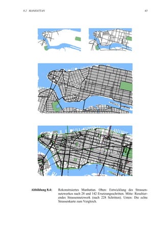 8.2 MANHATTAN                                                                      65




    Abbildung 8.4:   Rekonstruiertes Manhattan. Oben: Entwicklung des Strassen-
                     netzwerkes nach 28 und 142 Ersetzungsschritten. Mitte: Resultier-
                     endes Strassennetzwerk (nach 228 Schritten). Unten: Die echte
                     Strassenkarte zum Vergleich.
 