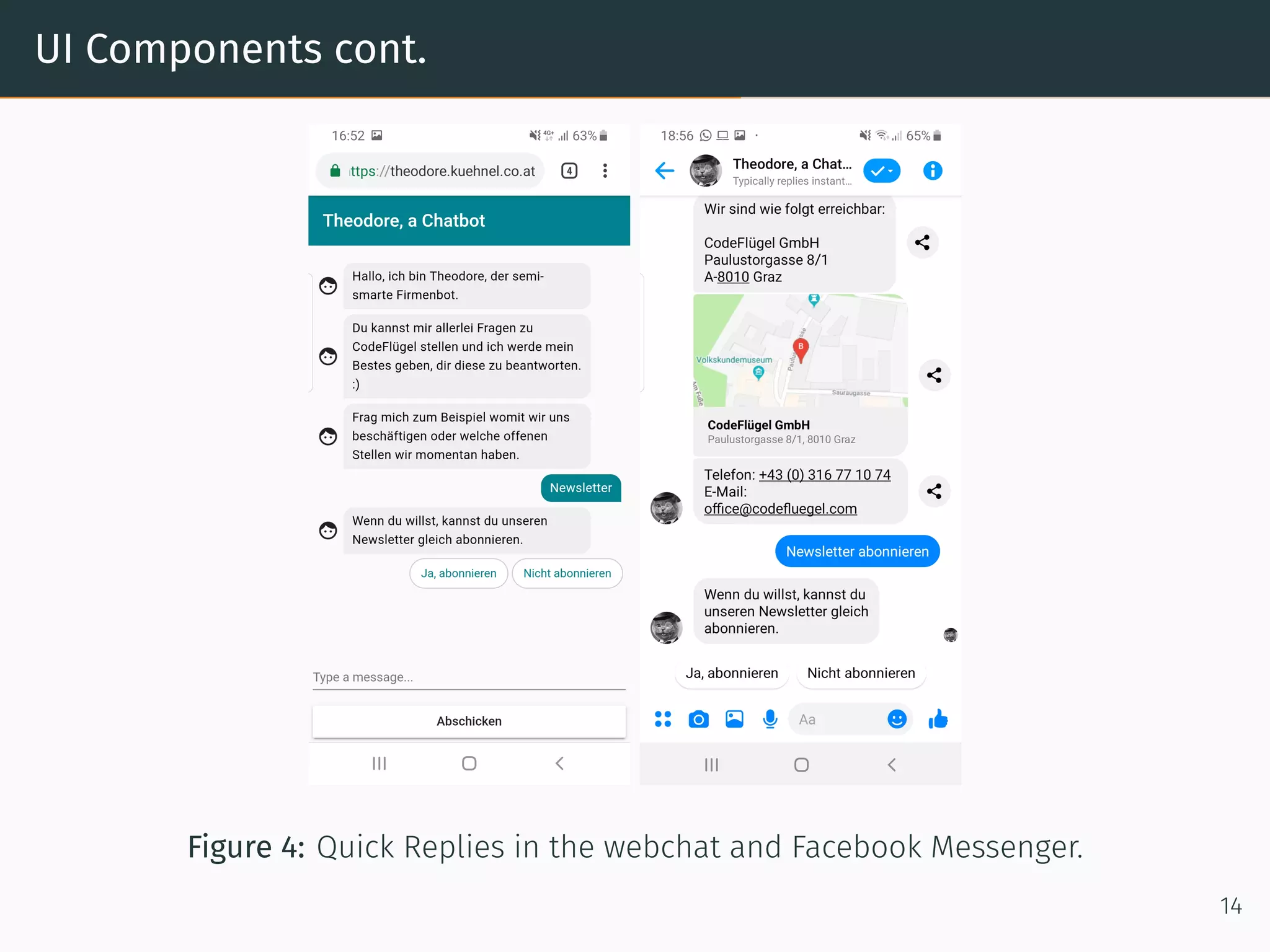 UI Components cont.
Figure 4: Quick Replies in the webchat and Facebook Messenger.
14
 