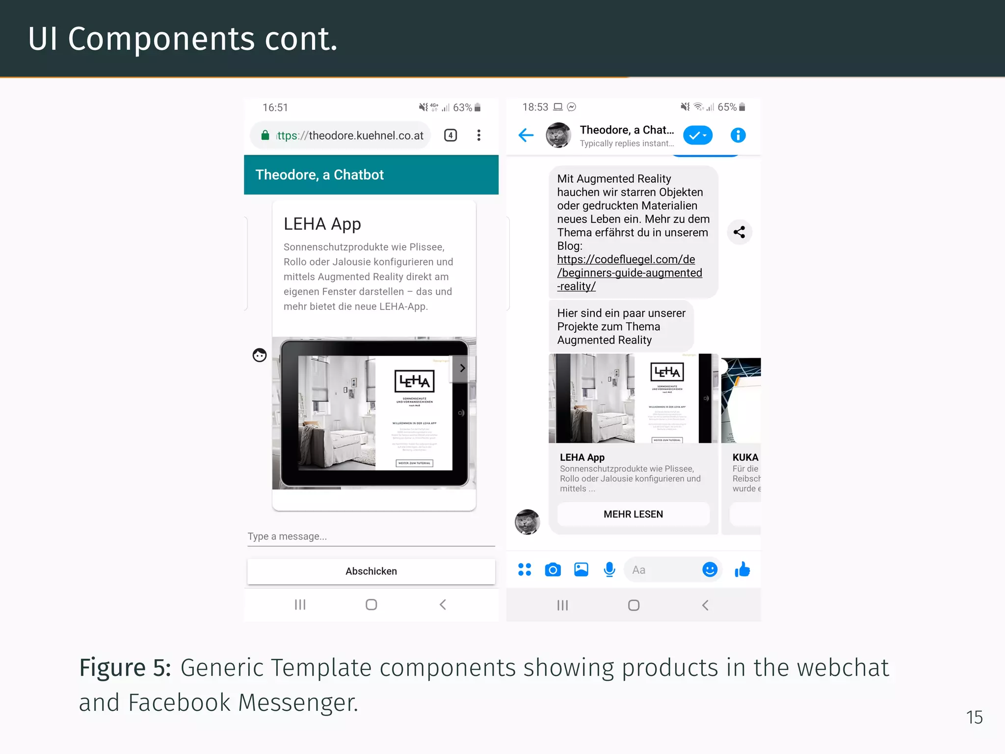 UI Components cont.
Figure 5: Generic Template components showing products in the webchat
and Facebook Messenger.
15
 