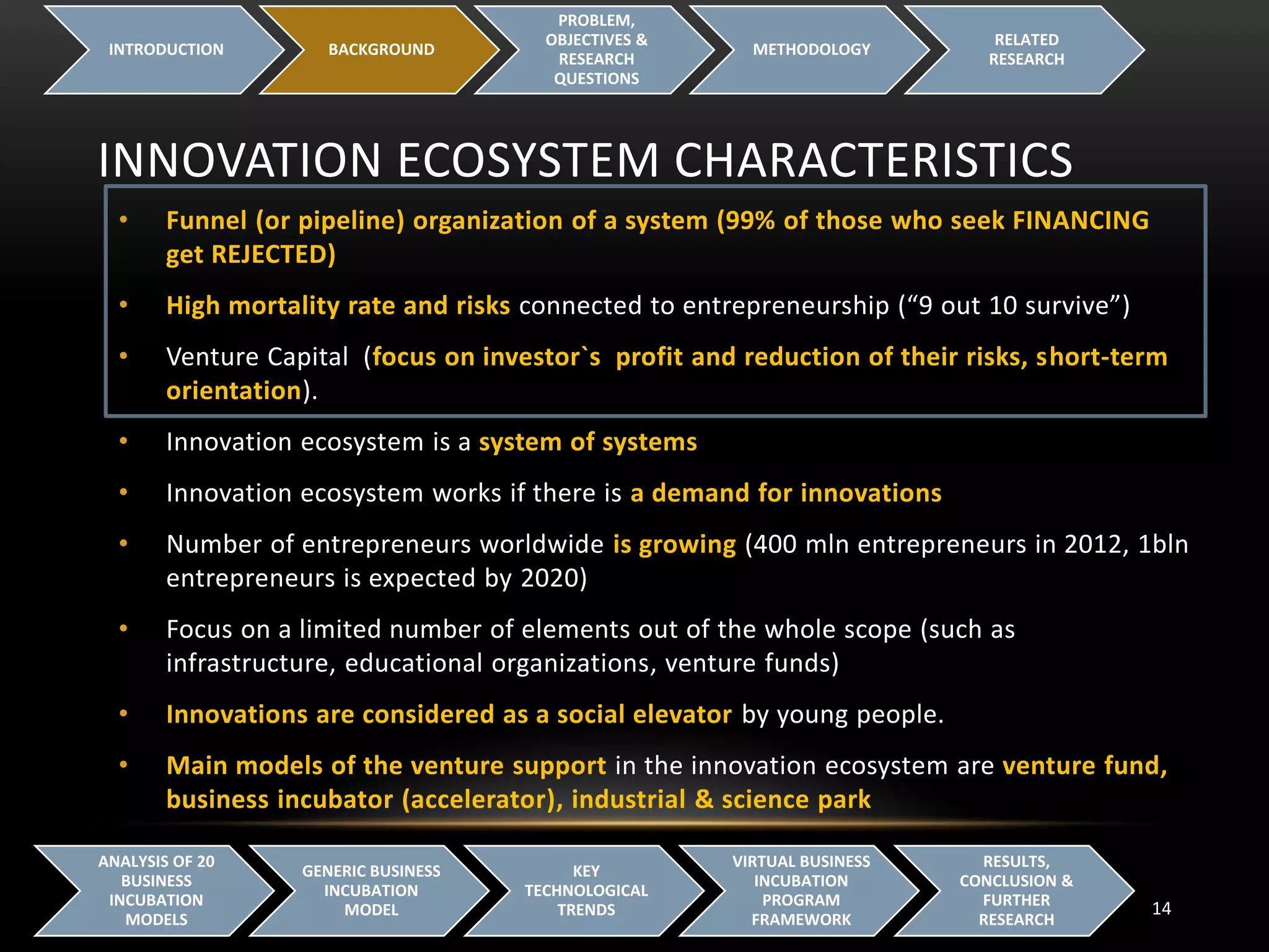 INNOVATION ECOSYSTEM CHARACTERISTICS
INTRODUCTION BACKGROUND
PROBLEM,
OBJECTIVES &
RESEARCH
QUESTIONS
METHODOLOGY
RELATED
RESEARCH
14
ANALYSIS OF 20
BUSINESS
INCUBATION
MODELS
GENERIC BUSINESS
INCUBATION
MODEL
KEY
TECHNOLOGICAL
TRENDS
VIRTUAL BUSINESS
INCUBATION
PROGRAM
FRAMEWORK
RESULTS,
CONCLUSION &
FURTHER
RESEARCH
• Funnel (or pipeline) organization of a system (99% of those who seek FINANCING
get REJECTED)
• High mortality rate and risks connected to entrepreneurship (“9 out 10 survive”)
• Venture Capital (focus on investor`s profit and reduction of their risks, short-term
orientation).
• Innovation ecosystem is a system of systems
• Innovation ecosystem works if there is a demand for innovations
• Number of entrepreneurs worldwide is growing (400 mln entrepreneurs in 2012, 1bln
entrepreneurs is expected by 2020)
• Focus on a limited number of elements out of the whole scope (such as
infrastructure, educational organizations, venture funds)
• Innovations are considered as a social elevator by young people.
• Main models of the venture support in the innovation ecosystem are venture fund,
business incubator (accelerator), industrial & science park
 