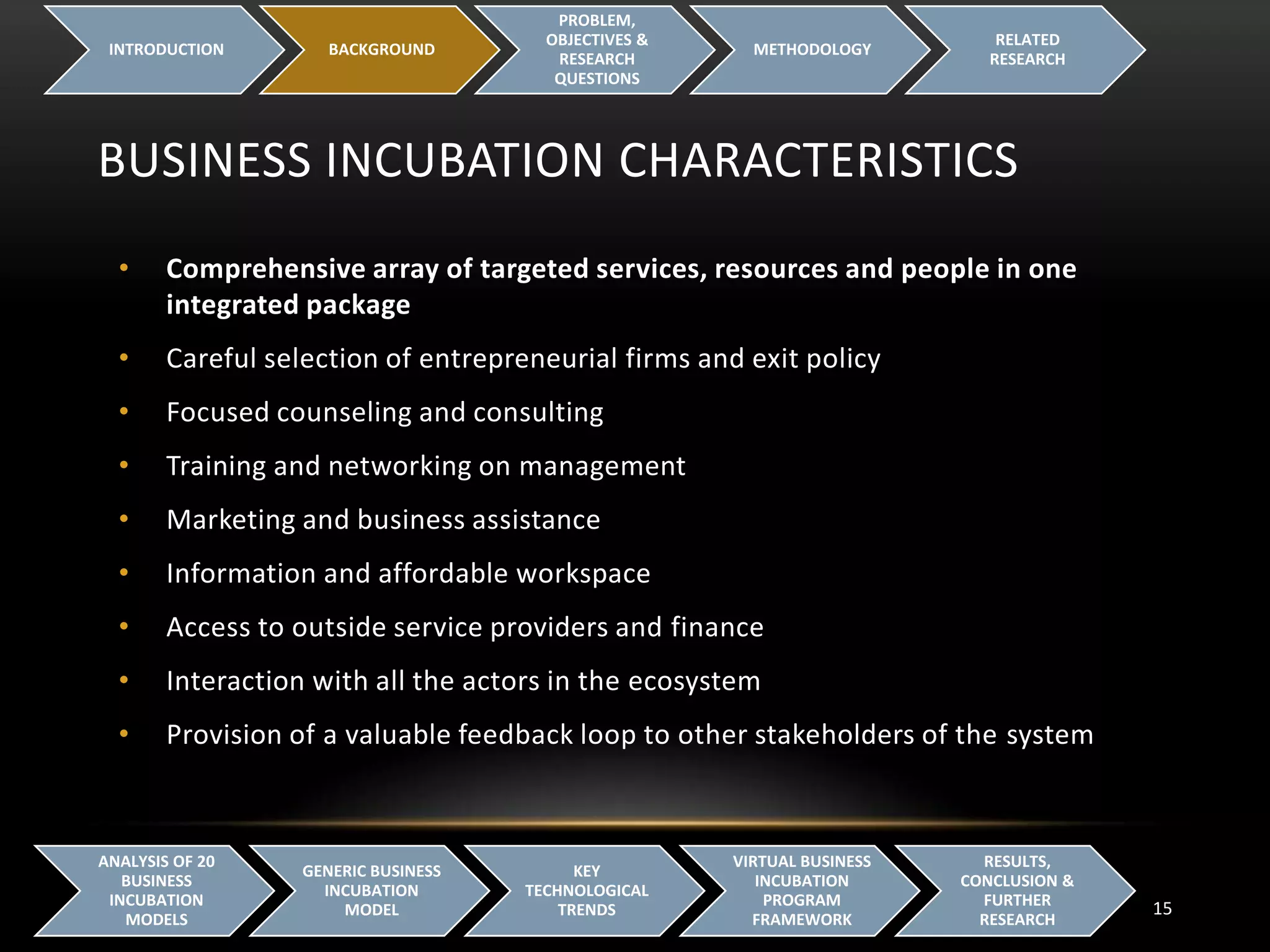 BUSINESS INCUBATION CHARACTERISTICS
INTRODUCTION BACKGROUND
PROBLEM,
OBJECTIVES &
RESEARCH
QUESTIONS
METHODOLOGY
RELATED
RESEARCH
15
ANALYSIS OF 20
BUSINESS
INCUBATION
MODELS
GENERIC BUSINESS
INCUBATION
MODEL
KEY
TECHNOLOGICAL
TRENDS
VIRTUAL BUSINESS
INCUBATION
PROGRAM
FRAMEWORK
RESULTS,
CONCLUSION &
FURTHER
RESEARCH
• Comprehensive array of targeted services, resources and people in one
integrated package
• Careful selection of entrepreneurial firms and exit policy
• Focused counseling and consulting
• Training and networking on management
• Marketing and business assistance
• Information and affordable workspace
• Access to outside service providers and finance
• Interaction with all the actors in the ecosystem
• Provision of a valuable feedback loop to other stakeholders of the system
 