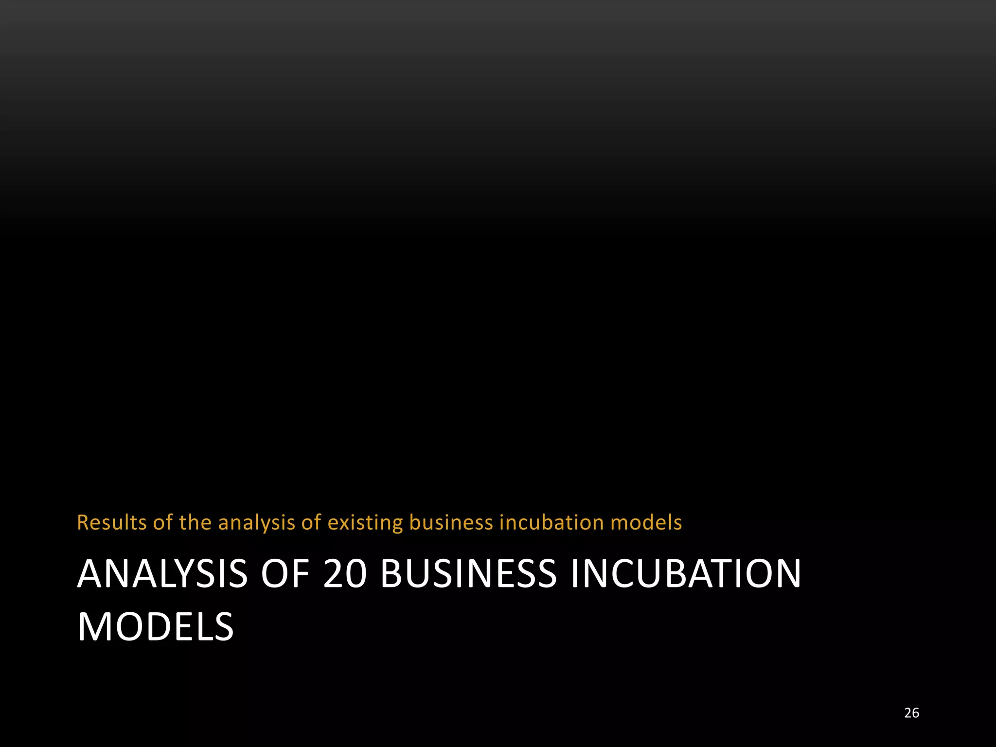 ANALYSIS OF 20 BUSINESS INCUBATION
MODELS
Results of the analysis of existing business incubation models
26
 