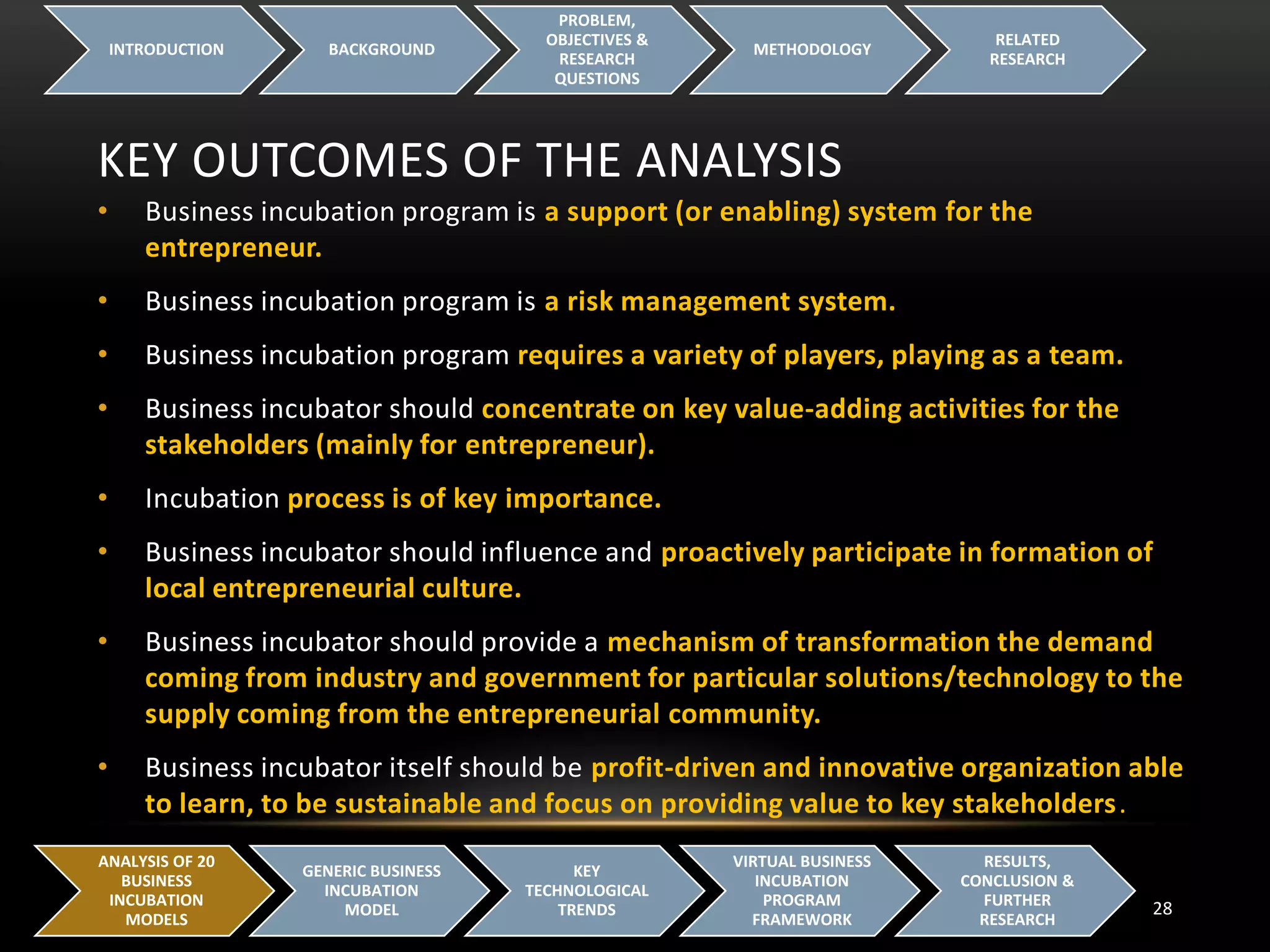 KEY OUTCOMES OF THE ANALYSIS
INTRODUCTION BACKGROUND
PROBLEM,
OBJECTIVES &
RESEARCH
QUESTIONS
METHODOLOGY
RELATED
RESEARCH
28
ANALYSIS OF 20
BUSINESS
INCUBATION
MODELS
GENERIC BUSINESS
INCUBATION
MODEL
KEY
TECHNOLOGICAL
TRENDS
VIRTUAL BUSINESS
INCUBATION
PROGRAM
FRAMEWORK
RESULTS,
CONCLUSION &
FURTHER
RESEARCH
• Business incubation program is a support (or enabling) system for the
entrepreneur.
• Business incubation program is a risk management system.
• Business incubation program requires a variety of players, playing as a team.
• Business incubator should concentrate on key value-adding activities for the
stakeholders (mainly for entrepreneur).
• Incubation process is of key importance.
• Business incubator should influence and proactively participate in formation of
local entrepreneurial culture.
• Business incubator should provide a mechanism of transformation the demand
coming from industry and government for particular solutions/technology to the
supply coming from the entrepreneurial community.
• Business incubator itself should be profit-driven and innovative organization able
to learn, to be sustainable and focus on providing value to key stakeholders.
 