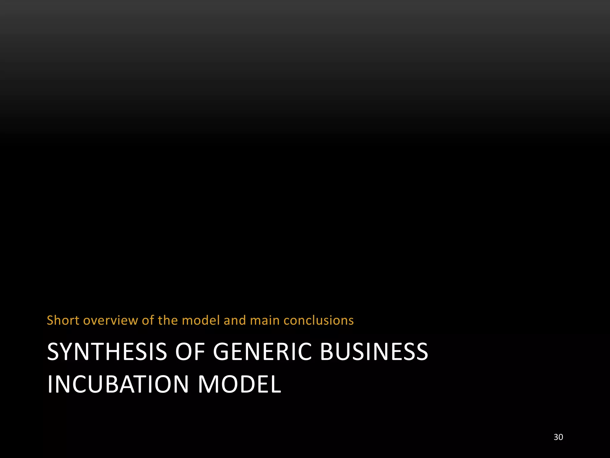 SYNTHESIS OF GENERIC BUSINESS
INCUBATION MODEL
Short overview of the model and main conclusions
30
 