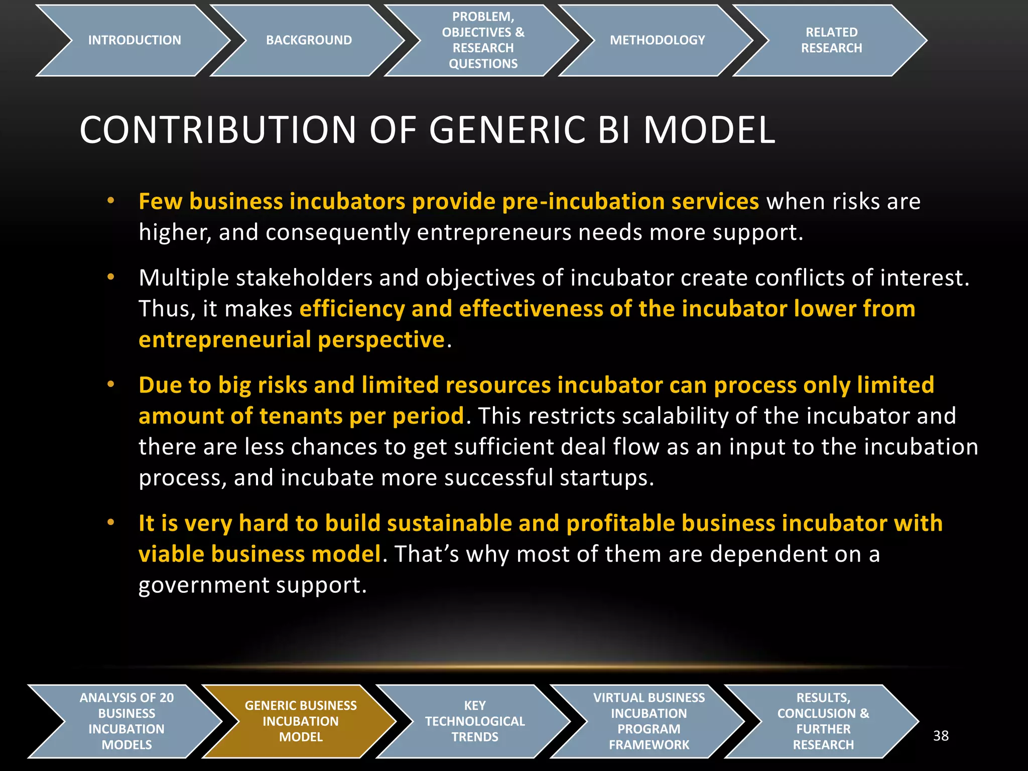 CONTRIBUTION OF GENERIC BI MODEL
INTRODUCTION BACKGROUND
PROBLEM,
OBJECTIVES &
RESEARCH
QUESTIONS
METHODOLOGY
RELATED
RESEARCH
38
ANALYSIS OF 20
BUSINESS
INCUBATION
MODELS
GENERIC BUSINESS
INCUBATION
MODEL
KEY
TECHNOLOGICAL
TRENDS
VIRTUAL BUSINESS
INCUBATION
PROGRAM
FRAMEWORK
RESULTS,
CONCLUSION &
FURTHER
RESEARCH
• Few business incubators provide pre-incubation services when risks are
higher, and consequently entrepreneurs needs more support.
• Multiple stakeholders and objectives of incubator create conflicts of interest.
Thus, it makes efficiency and effectiveness of the incubator lower from
entrepreneurial perspective.
• Due to big risks and limited resources incubator can process only limited
amount of tenants per period. This restricts scalability of the incubator and
there are less chances to get sufficient deal flow as an input to the incubation
process, and incubate more successful startups.
• It is very hard to build sustainable and profitable business incubator with
viable business model. That’s why most of them are dependent on a
government support.
 