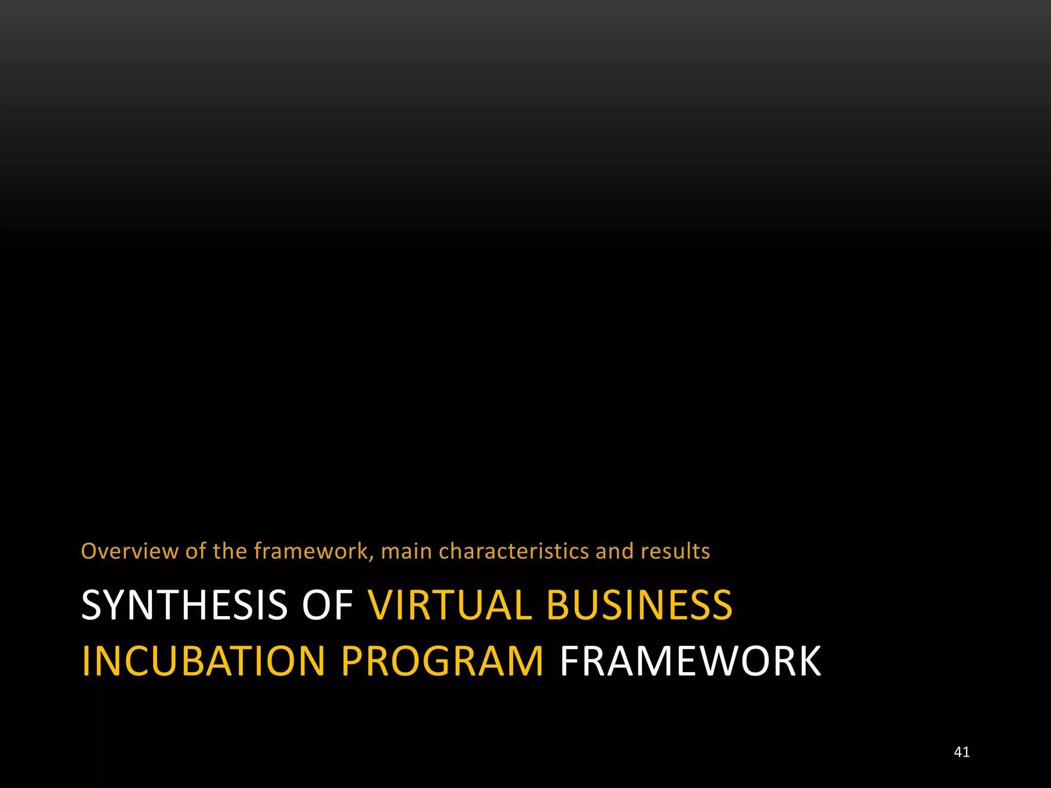 SYNTHESIS OF VIRTUAL BUSINESS
INCUBATION PROGRAM FRAMEWORK
Overview of the framework, main characteristics and results
41
 