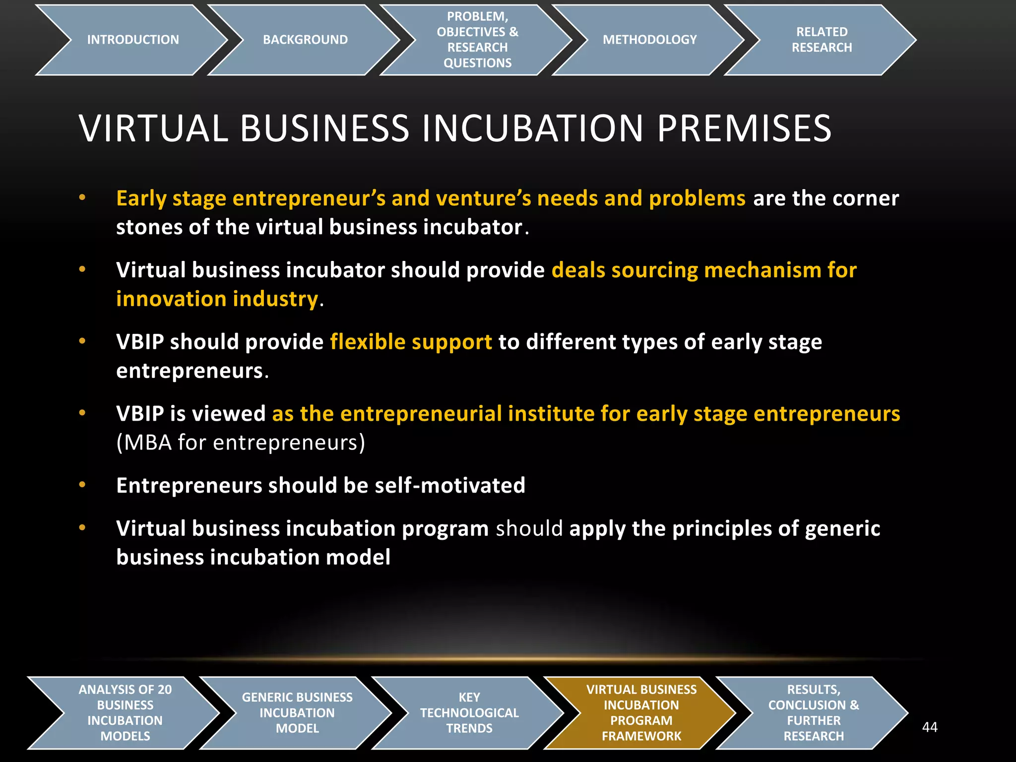 VIRTUAL BUSINESS INCUBATION PREMISES
INTRODUCTION BACKGROUND
PROBLEM,
OBJECTIVES &
RESEARCH
QUESTIONS
METHODOLOGY
RELATED
RESEARCH
44
ANALYSIS OF 20
BUSINESS
INCUBATION
MODELS
GENERIC BUSINESS
INCUBATION
MODEL
KEY
TECHNOLOGICAL
TRENDS
VIRTUAL BUSINESS
INCUBATION
PROGRAM
FRAMEWORK
RESULTS,
CONCLUSION &
FURTHER
RESEARCH
• Early stage entrepreneur’s and venture’s needs and problems are the corner
stones of the virtual business incubator.
• Virtual business incubator should provide deals sourcing mechanism for
innovation industry.
• VBIP should provide flexible support to different types of early stage
entrepreneurs.
• VBIP is viewed as the entrepreneurial institute for early stage entrepreneurs
(MBA for entrepreneurs)
• Entrepreneurs should be self-motivated
• Virtual business incubation program should apply the principles of generic
business incubation model
 