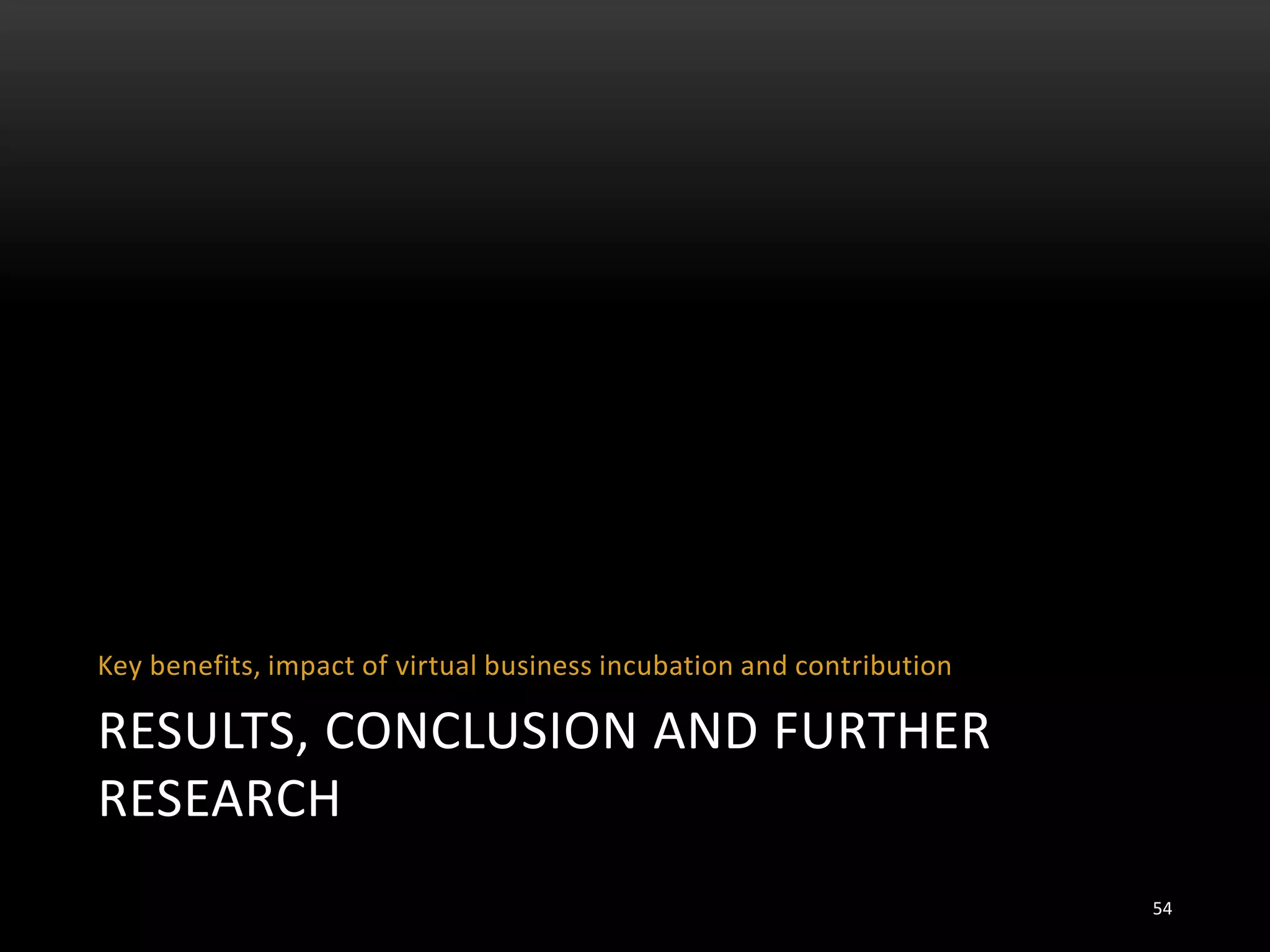 RESULTS, CONCLUSION AND FURTHER
RESEARCH
Key benefits, impact of virtual business incubation and contribution
54
 