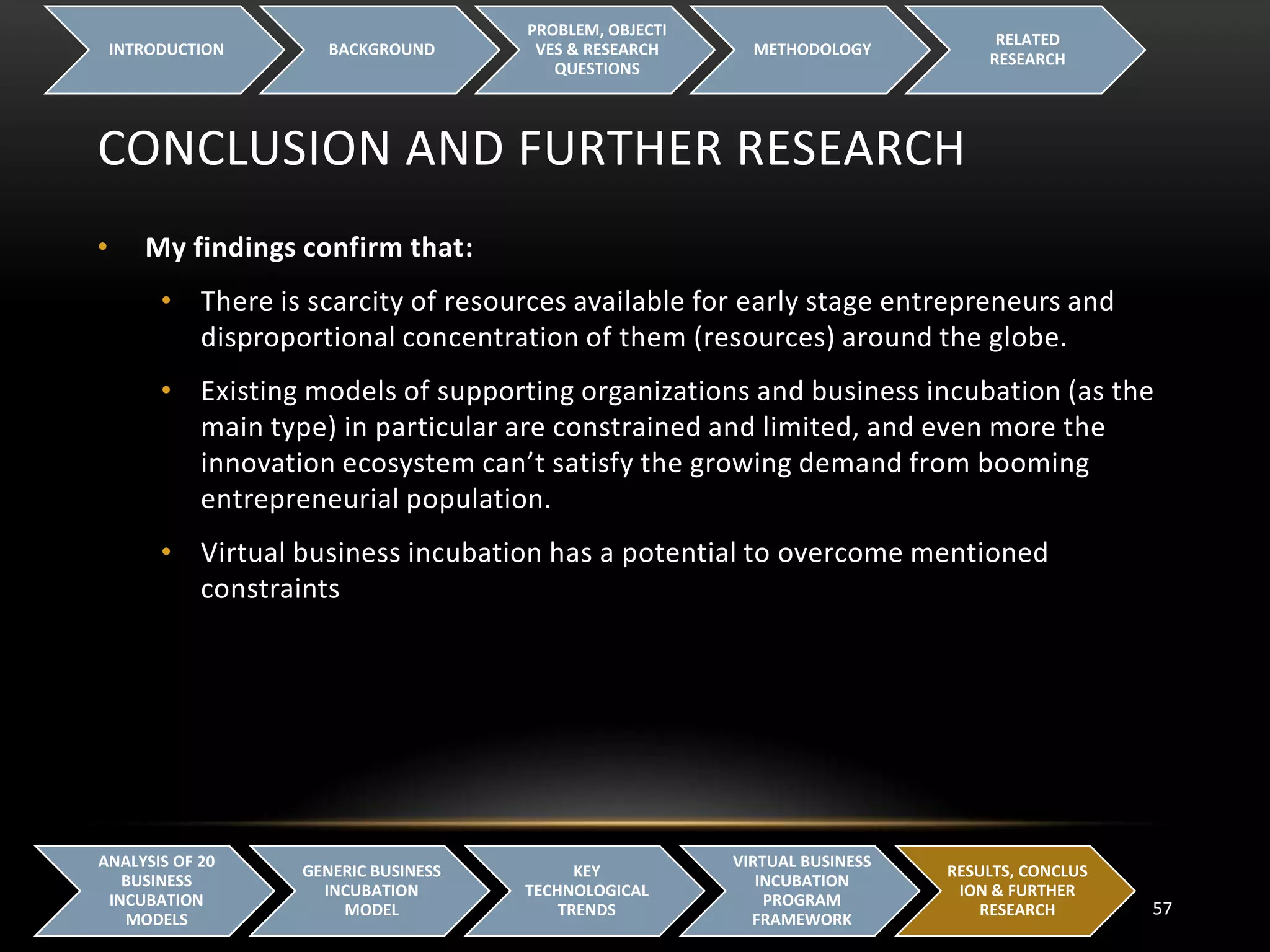 CONCLUSION AND FURTHER RESEARCH
INTRODUCTION BACKGROUND
PROBLEM, OBJECTI
VES & RESEARCH
QUESTIONS
METHODOLOGY
RELATED
RESEARCH
57
ANALYSIS OF 20
BUSINESS
INCUBATION
MODELS
GENERIC BUSINESS
INCUBATION
MODEL
KEY
TECHNOLOGICAL
TRENDS
VIRTUAL BUSINESS
INCUBATION
PROGRAM
FRAMEWORK
RESULTS, CONCLUS
ION & FURTHER
RESEARCH
• My findings confirm that:
• There is scarcity of resources available for early stage entrepreneurs and
disproportional concentration of them (resources) around the globe.
• Existing models of supporting organizations and business incubation (as the
main type) in particular are constrained and limited, and even more the
innovation ecosystem can’t satisfy the growing demand from booming
entrepreneurial population.
• Virtual business incubation has a potential to overcome mentioned
constraints
 