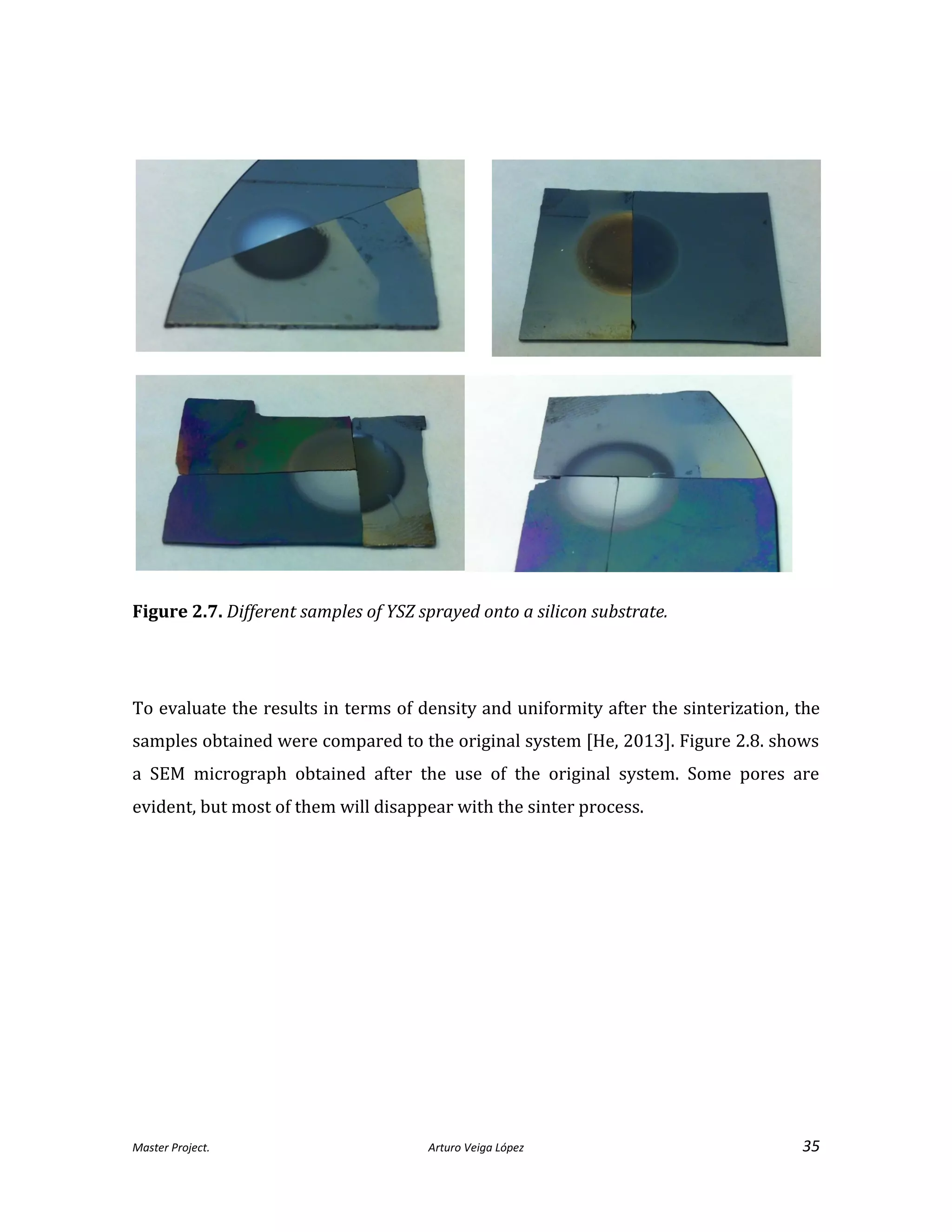 Master Project. Arturo Veiga López 35
Figure 2.7. Different samples of YSZ sprayed onto a silicon substrate.
To evaluate the results in terms of density and uniformity after the sinterization, the
samples obtained were compared to the original system [He, 2013]. Figure 2.8. shows
a SEM micrograph obtained after the use of the original system. Some pores are
evident, but most of them will disappear with the sinter process.
 