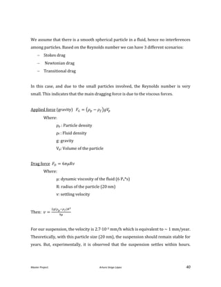 Master Project. Arturo Veiga López 40
We assume that there is a smooth spherical particle in a fluid, hence no interferences
among particles. Based on the Reynolds number we can have 3 different scenarios:
 Stokes drag
 Newtonian drag
 Transitional drag
In this case, and due to the small particles involved, the Reynolds number is very
small. This indicates that the main dragging force is due to the viscous forces.
Applied force (gravity)
Where:
ρp : Particle density
ρf : Fluid density
g: gravity
Vp: Volume of the particle
Drag force
Where:
µ: dynamic viscosity of the fluid (6 Pa*s)
R: radius of the particle (20 nm)
v: settling velocity
Then:
ρ
For our suspension, the velocity is 2.7∙10-3 mm/h which is equivalent to ~ 1 mm/year.
Theoretically, with this particle size (20 nm), the suspension should remain stable for
years. But, experimentally, it is observed that the suspension settles within hours.
 