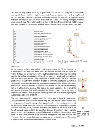 Page 127 of 142
The process map of the event log is generated and can be seen in figure 3. The facility
managers indicated that this map is like expected. The process steps are according the planned
process flow. Also the durations where indicated as realistic. For example the median duration
between process step W5 and W6 is calculated for 31 days. The facility managers told that
once a month step W6 is taken, so this is close to 31 days. They mentioned that they never
had seen this kind of visualisation and that it gives an interesting perspective on their data.
Duration
In the process map it was noticed that between step W3 ‘Error assigned to
subcontractor’ and step W5 ‘Error fixed’ the median duration was 24 hours. So
within 24 hours the problem was solved by the subcontractor. The most interesting
part for the facility managers was to identify the elements which took steps W3 and
W5 after each other within a very short time. It was found that in 2414 cases the
problem was solved within a median duration of 3 minutes(see figure 4) . Which is
,accordingly to the facility managers, practically impossible. More specific this means
that within 3 minutes an error is assigned to a person and he almost immediately
solved it, which is only possible if he was on the exact location of the error at the
moment of assigning. This notification led to a deeper research in this process. In
seemed that for this 3 minute job an average price of 300 euro was charged by the
subcontractors (in total €723600,-).
The errors were related to several topics (As can be seen in figure 5). For example
14% of the errors where related to electricity and 11% was related to sanitary and
water problems. In addition the product types which faced the most problems could
be discovered partly. It seemed that most electrical problems occurred with ‘Double
electrical revolving doors’, ‘Personal elevators’ and ‘Brancard elevators’. But also a
lot of product types couldn’t be identified because they didn’t have a specific
description in the data (As can be seen in figure 6). In addition it is seen that some
types of the same product, have different descriptions like ‘Personenlift’ and
‘Personen lift’ are indicated as separate types, but are in fact the same. This makes
it more difficult to identify the problematic product types.
Figure 2 Process steps in error handling at the hospital
Figure 3 Process map generated with process
mining tool Disco
Figure 4 Process
steps filtered on
cases with W3 and
W5
 