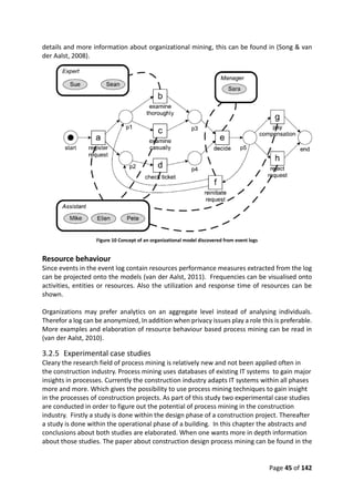 Page 45 of 142
details and more information about organizational mining, this can be found in (Song & van
der Aalst, 2008).
Figure 10 Concept of an organizational model discovered from event logs
Resource behaviour
Since events in the event log contain resources performance measures extracted from the log
can be projected onto the models (van der Aalst, 2011). Frequencies can be visualised onto
activities, entities or resources. Also the utilization and response time of resources can be
shown.
Organizations may prefer analytics on an aggregate level instead of analysing individuals.
Therefor a log can be anonymized, In addition when privacy issues play a role this is preferable.
More examples and elaboration of resource behaviour based process mining can be read in
(van der Aalst, 2010).
3.2.5 Experimental case studies
Cleary the research field of process mining is relatively new and not been applied often in
the construction industry. Process mining uses databases of existing IT systems to gain major
insights in processes. Currently the construction industry adapts IT systems within all phases
more and more. Which gives the possibility to use process mining techniques to gain insight
in the processes of construction projects. As part of this study two experimental case studies
are conducted in order to figure out the potential of process mining in the construction
industry. Firstly a study is done within the design phase of a construction project. Thereafter
a study is done within the operational phase of a building. In this chapter the abstracts and
conclusions about both studies are elaborated. When one wants more in depth information
about those studies. The paper about construction design process mining can be found in the
 