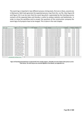 Page 65 of 142
The event log is imported in two different process mining tools, first one is Disco, second one
is MyInvenio. Both tools generate the expected process map from the .csv file. (See Figure 20
and Figure 21) It can be seen that the event log which is generated by the Eventlog service
contains all the expected data and thereby is useful to analyse statistics and bottlenecks. In
order to show the workflow and to answer the questions of the construction company the
event logs of all projects have to be merged. This is done in the next chapter.
Figure 19 Eventlog generated from as-planned IFC from sample project 1. (Possibly not every detail of this picture can be
read clearly. The event log can be accessed digitally in the dataset, see appendix 14.)
 
