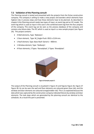 Page 69 of 142
7.2 Validation of the Planning consult
The Planning consult is tested and presented with the projects from the fictive construction
company. The company is willing to make a new project and wonders which elements have
highest risks in process steps and how those elements have to be planned. As described in
chapter 6 the Planning consult needs two types of input, an event log and an IFC model. The
event log which is used as input in this case is the combined event log from the four projects
of the company. This event log can be seen as the process database of the company and
contains also failure data. The IFC which is used as input is a new sample project (see Figure
24). This project contains:
 4 Wall elements, Type: ‘Baksteen’.
 1 Door element, Type: M_Single-Flush: 0915 x 2134 mm.
 1 Roof element, Type: Basic Roof: Generic – 400mm.
 1 Window element, Type: ‘Stelkozijn’.
 4 Floor elements, 2 Types: ‘Kanaalplaat’, 2 Types: ‘Breedplaat’.
Figure 24 Sample project 5
The output of the Planning consult is visualized in Figure 25 and Figures Figure 26, Figure 27
Figure 28. As can be seen the wall and floor elements are coloured green (low risk), and the
window and door elements are coloured orange(middle risk). This is as expected because the
data which was captured by the construction company indicated failures by window and door
elements. The task steps which are generated by the planning consult are identical to the
schedules. As a result this part is presented.
 