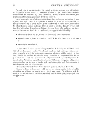 26                                                CHAPTER 2. METHODOLOGY

    At each time t, the agent (i.e. the robot) perceives its state xt ∈ X and the
set of possible actions U (xt ). It chooses an action u ∈ U (xt ) and receives from the
environment the new state xt+1 and a reward rt . Based on these interactions, the
reinforcement learning agent must develop a policy π.
    In our approach, ﬁrst of all, actions are limited to go forward, go backward, turn
left and turn right. Then, as is explained in section 2.3, state will be represented by
histograms resulting to apply BoVW, given a dictionary of visual words, in addition
to infrared sensor values and edge detector sensr, if needed. Finally, reward will
take heuristic values depending on distance between Sony Aibo and goal, and their
relative distance (section 2.5). In conclusion, our approach is deﬁned by:

     • set of world states x ∈ Rn , where n = dictionary size + m sensors

     • set of actions u = [F ORW ARD = 0, BACKW ARD = 1, LEF T = 2, RIGHT =
       3]

     • set of scalar rewards ∈ R

    We will deﬁne value n, but we anticipate that a dictionary size less than 50 or
100 will not have good results. Therefore, it implies a high state space dimension-
ality, overnight to grid the state space supposing all states will be visited. In this
case, we can not address the problem using traditional RL algorithms like [16] or
[17]. We have to look for a continuous RL algorithm which supports high state di-
mensionality. We chosen algorithm described in [13] because it supports a high state
dimensionality, but we have to handle with care because this high dimensionality is
ﬁve times less than our dimensionality.
    Chosen algorithm is Natural Actor-Critic Algorithm, shown in Table 2.3.
    Finally, we have to deﬁne our world. As we are taking a risky choice with RL
algorithm, we will not use an extremely complicated maze. We will start with T-
maze, a well known maze in literature, typically used at ﬁrst stages young algorithms
or approaches.
 