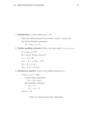 2.6. REINFORCEMENT LEARNING                                                        27




 1. Initialization: (# data points seen t = 0)

         Select the initial parameters θ0 of policy π(ut |xt ) = p(ut |xt , θt )
         Set initial estimation parameters
              A0 = 0, b0 = z0 = 0

 2. Update gradient estimate: Given a new data point (xt , ut , rt+1 , xt+1 )

         Γt = [φ(xt+1 )T , 0T ]T
         Φt = [φ(xt )T ,   θ   log π(uk |xt )T ]T
         zt+1 = λzt + Φt
         At+1 = At + zt+1 (Φt − γΓt )T
         bt+1 = bt + zt+1 rt+1
         [wt+1 , vt+1 ]T = A−1 bt+1
           T      T
                            t+1

 3. Parameters updates: Upon a new gradient estimate wt+1

         if   (wt+1 , wt ) ≤ then
              Update policy parameters:
                 θt+1 = θt + αwt+1
              Reset gradient estimator:
                 At+1 = 0
                 bt+1 = zt+1 = 0
         else θt+1 = θt


                    Table 2.3: Natural Actor-Critic Algorithm
 