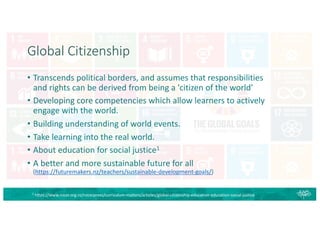 Global Citizenship
• Transcends political borders, and assumes that responsibilities
and rights can be derived from being a 'citizen of the world’
• Developing core competencies which allow learners to actively
engage with the world.
• Building understanding of world events.
• Take learning into the real world.
• About education for social justice1
• A better and more sustainable future for all
(https://futuremakers.nz/teachers/sustainable-development-goals/)
1
https://www.nzcer.org.nz/nzcerpress/curriculum-matters/articles/global-citizenship-education-education-social-justice
 