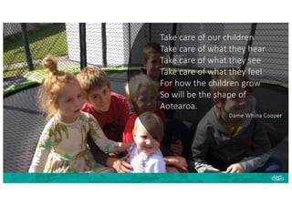 Take care of our children
Take care of what they hear
Take care of what they see
Take care of what they feel
For how the children grow
So will be the shape of
Aotearoa.
Dame Whina Cooper
 