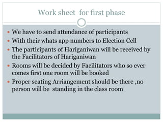 Work sheet for first phase
 We have to send attendance of participants
 With their whats app numbers to Election Cell
 The participants of Hariganiwan will be received by
the Facilitators of Hariganiwan
 Rooms will be decided by Facilitators who so ever
comes first one room will be booked
 Proper seating Arriangement should be there ,no
person will be standing in the class room
 