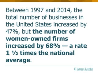 Women-Owned Businesses:
• More than 9.4 million firms are owned by
women
• They employ 7.9 million people
• They generate ...