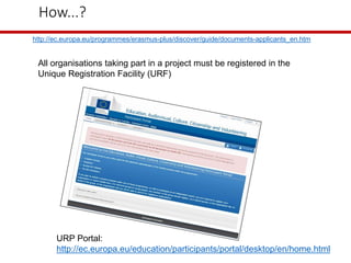 How...?
http://ec.europa.eu/programmes/erasmus-plus/discover/guide/documents-applicants_en.htm
All organisations taking part in a project must be registered in the
Unique Registration Facility (URF)
URP Portal:
http://ec.europa.eu/education/participants/portal/desktop/en/home.html
 