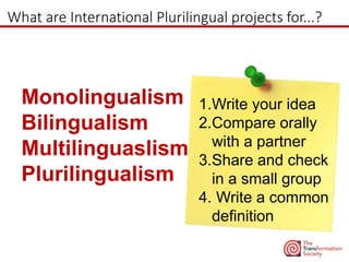 What are International Plurilingual projects for...?
Monolingualism
Bilingualism
Multilinguaslism
Plurilingualism
1.Write your idea
2.Compare orally
with a partner
3.Share and check
in a small group
4. Write a common
definition
 