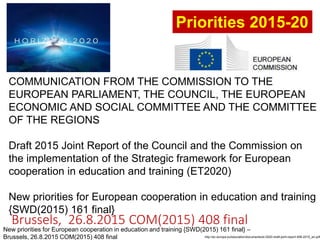 Brussels, 26.8.2015 COM(2015) 408 final
COMMUNICATION FROM THE COMMISSION TO THE
EUROPEAN PARLIAMENT, THE COUNCIL, THE EUROPEAN
ECONOMIC AND SOCIAL COMMITTEE AND THE COMMITTEE
OF THE REGIONS
Draft 2015 Joint Report of the Council and the Commission on
the implementation of the Strategic framework for European
cooperation in education and training (ET2020)
New priorities for European cooperation in education and training
{SWD(2015) 161 final}
New priorities for European cooperation in education and training {SWD(2015) 161 final} –
Brussels, 26.8.2015 COM(2015) 408 final http://ec.europa.eu/education/documents/et-2020-draft-joint-report-408-2015_en.pdf
Priorities 2015-20
 