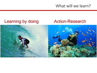 What will we learn?
http://surfrepublic.ie/wp-content/uploads/2012/01/3.jpg http://fiji-diving.com/wp-content/uploads/2014/06/Scuba-Diver-swims-through-trop.jpg
Learning by doing Action-Research
 
