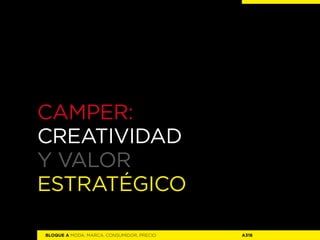 CAMPER:
Creatividad
y VALOR
ESTRATégico

BLOQUE A MODA, MARCA, CONSUMIDOR, PRECIO   A316
 