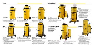 MS
M 22o S
Die beste Filtration seiner Klasse: ein Einsatzfilter
mit extra großer Filterfläche und integriertem
System zur Filterreinigung.
	2 Bypass-Motoren
	Ausklinkbarer 2o l Sammelbehälter mit Möglichkeit
	 der direkten Entsorgung in Polyestersäcke
	Filter der Klasse H und Konstruktion
	 aus Edelstahl, optional
	Sicheres Longopac- Sammelsystem,
	 auf Anfrage erhältlich
M 235 S
	Fahrbarer Sauger, strapazierfähig und kompakt,
	 für verschiedene Einsatzbereiche geeignet
	Komplett aus Edelstahl hergestellt, mit einem
	 hohen Filterwirkungsgrad und einem integrierten
	 System zur Filterreinigung
M 45o S
	IdealfürdieReinigunginschwerzugänglichenBereichen
	3einphasigeBypass-Motoren
	MöglichkeitgleichzeitigStäube,Flüssigkeiten
	 undFeststoffeanzusaugenAusklinkbarer
	Sammelbehälter,Fassungsvermögen6ooder1ooLiter
	VerschiedeneFiltertypenfürunterschiedliche
	 Anwendungenverfügbar,KonstruktionausEdelstahl
	SicheresLongopac-Sammelsystem,aufAnfrage
	 erhältlich
PRO
M 15o WD M 28o WD M 45o WD TS 22o
	Geräuscharmer und kompakter
	 Sauger für fixen oder mobilen Einsatz	
	2.2 KW oder 3 KW, extrem geräuscharmer
	 Motor, keine ordentliche Wartung notwendig,
	 für den Dauerbetrieb geeignet
	Polyesterfilter mit integriertem Filterreinigungssystem
TS INDUSTRIAL
	TS 3oo - TS 4oo - TS 55o SE - TS 75o
	2.2 KW, 4 KW oder 5.5 KW Motoren, keine
	 ordentliche Wartung notwendig, für den
	 Dauerbetrieb rund um die Uhr geeignet
	Mögliches Ansaugen von Stäuben und
	 Flüssigkeiten mit ausklinkbarem Sammelbehälter
Eine komplette Serie an
dreiphasigen Saugern, ideal
für intensive Anwendungen
in unterschiedlichen
Industriezweigen
Strapazierfähige und kompakte Industriesauger,
zu 1oo% aus Edelstahl hergestellt, ideal für die
professionelle Reinigung.
	1, 2 oder 3 einphasige Bypass-Motoren
	Fassungsvermögen von 5o bis 12o l
	Integrierter Schwimmer mit Ablasshahn/-leitung
	Flüssigkeitsfilter (PPL + Anti-Schaum)
	 zur Verringerung der Schaumbildung
	Staubfilter
COMPACT
TS HD
TS 18o
	Geräuscharmer und kompakter Sauger
	 für fixen oder mobilen Einsatz Ideal
	 für die Pharma- und Lebensmittelindustrie
	1.8 KW (einphasig oder dreiphasig)
	 oder 2.2 KW, geräuscharmer Motor,
	 für den Dauerbetrieb geeignet
	Große Kapazität und hoher Filterwirkungsgrad,
	 auch für feine Stäube
	Ausklinkbarer Behälter mit direkter
	 Entsorgungsmöglichkeit der Stäube
	Filter der Klasse H und Konstruktion
	 aus Edestahl 3o4/316, optional
	TS 751 - TS 1ooo -
	 TS 15oo SE - TS 18oo
	Von 7.5 KW bis 25 KW, Seitenkanalverdichter
	 mit außergewöhnlicher Saugleistung
	Möglichkeit der Verwendung von
	 Vorabscheidern und Trichtern
	Großflächige Filter mit automatischem oder
	 manuellem Reinigungssystem
	Filter für Spezialanforderungen und
	 Konstruktion in Edelstahl sind erhältlich
	Geeignet für die Installation in zentralisierten
	 Absauganalgen oder für den mobilen Einsatz
	Sauger mit hohem Unterdruck oder mit
	 vergrößerterFilterflächesindaufAnfrageerhältlich
	 und direkter Entsorgungsmöglichkeit in Säcke
	Großflächiger Filter mit integriertem
	 Filterreinigungssystem
	Filter für Spezialanforderungen und
	 Konstruktion in Edelstahl sind erhältlich
 
