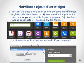 Netvibes : ajout d’un widget
o Il est ensuite possible d’ajouter du contenu dans les différentes
onglets créés via le bouton « Ajouter » en haut à gauche. La
fonction « Apps » disponible à gauche propose d’ajouter des
« Apps essentiels » (Facebook, Twitter, Notes…)
o Un simple clic sur le widget permet de l’intégrer au portail
30
 