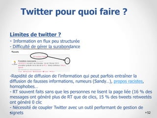 52
Limites de twitter ?
- Information en flux peu structurée
- Difficulté de gérer la surabondance
-Rapidité de diffusion de l’information qui peut parfois entraîner la
diffusion de fausses informations, rumeurs (Sandy…), propos racistes,
homophobes…
- RT souvent faits sans que les personnes ne lisent la page liée (16 % des
messages ont généré plus de RT que de clics, 15 % des tweets retweetés
ont généré 0 clic
- Nécessité de coupler Twitter avec un outil performant de gestion de
signets
Twitter pour quoi faire ?
 