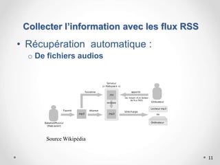 11
• Récupération automatique :
o De fichiers audios
Source Wikipédia
Collecter l’information avec les flux RSS
 