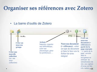 35
Organiser ses références avec Zotero
• La barre d’outils de Zotero
Créer une
nouvelle
collection
(ou une
sous-
collection)
Créer un
nouveau
groupe
Actions :
Importer, exporter
une bibliothèque,
créer une
chronologie, gérer
les préférences …
Nouveau document
(= référence) : créer
un type de document
et faire le lien vers le
fichier de texte
intégral
Créer un
nouveau
document (=
référence) à
partir de la
page courante
= à partir de la
page ouverte
dans le
navigateur en
utilisant les
métadonnées du
site; une capture
d’écran est liée
à la notice
 