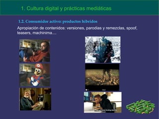 Apropiación de contenidos: versiones, parodias y remezclas, spoof, teasers, machinima.... 1.2. Consumidor activo: productos híbridos 1. Cultura digital y prácticas mediáticas 