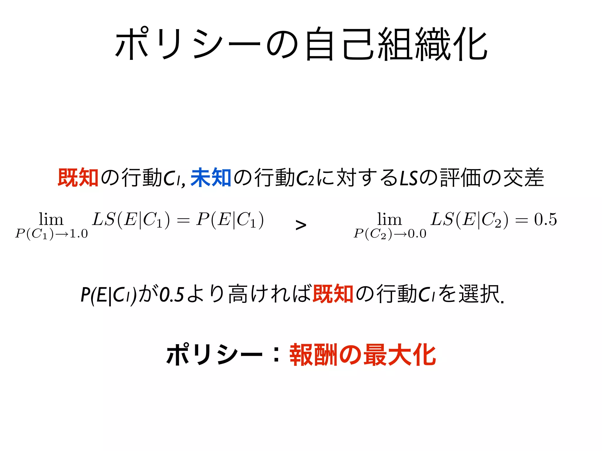 ポリシーの自己組織化


既知の行動C1, 未知の行動C2に対するLSの評価の交差

              >


 P(E|C1)が0.5より高ければ既知の行動C1を選択．

      ポリシー：報酬の最大化
 