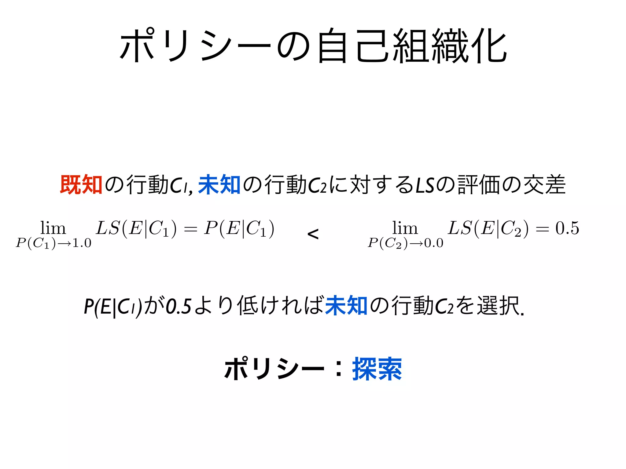 ポリシーの自己組織化


既知の行動C1, 未知の行動C2に対するLSの評価の交差

              <


 P(E|C1)が0.5より低ければ未知の行動C2を選択．

         ポリシー：探索
 