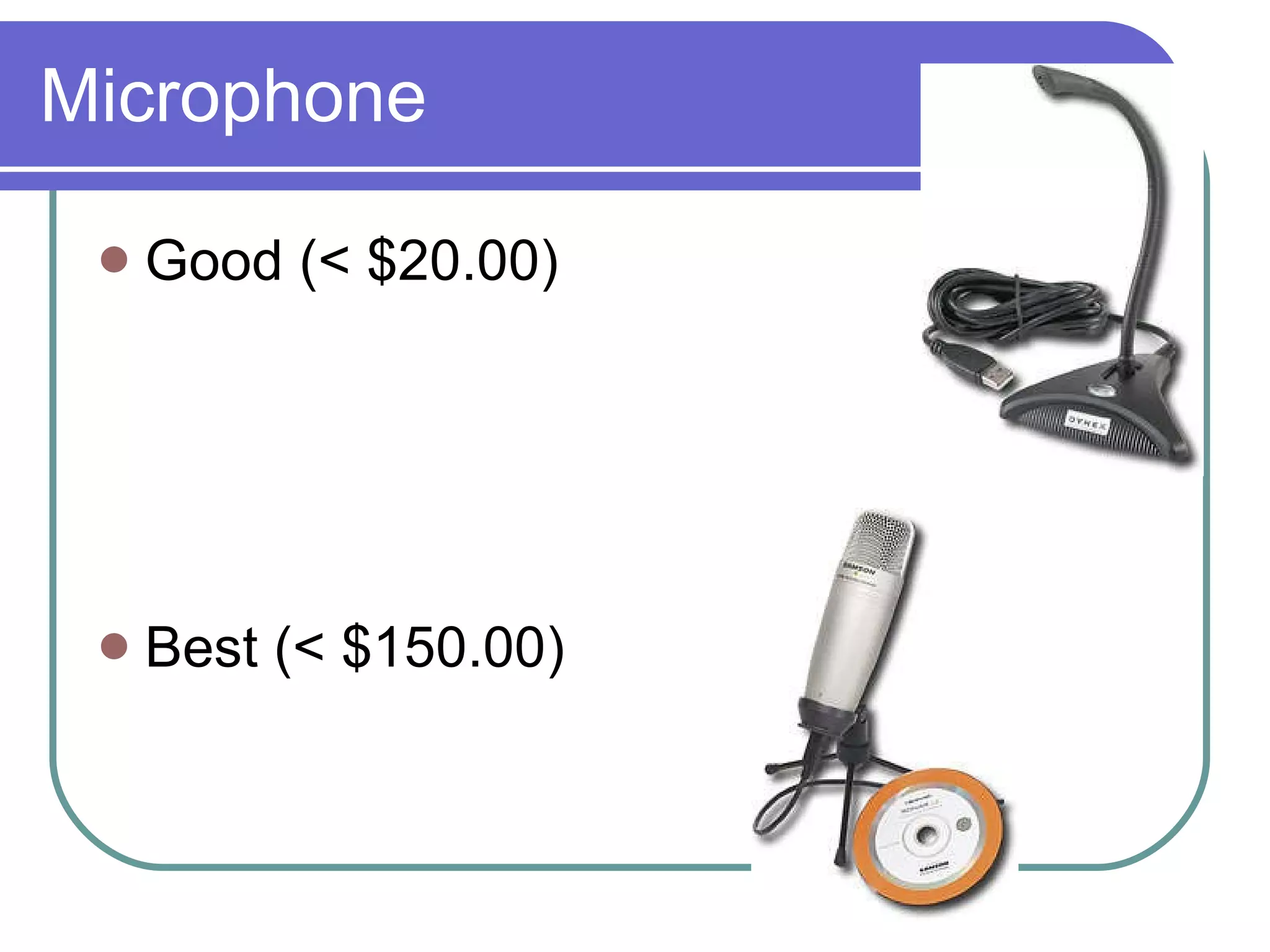 Microphone Good (< $20.00) Best (< $150.00) 