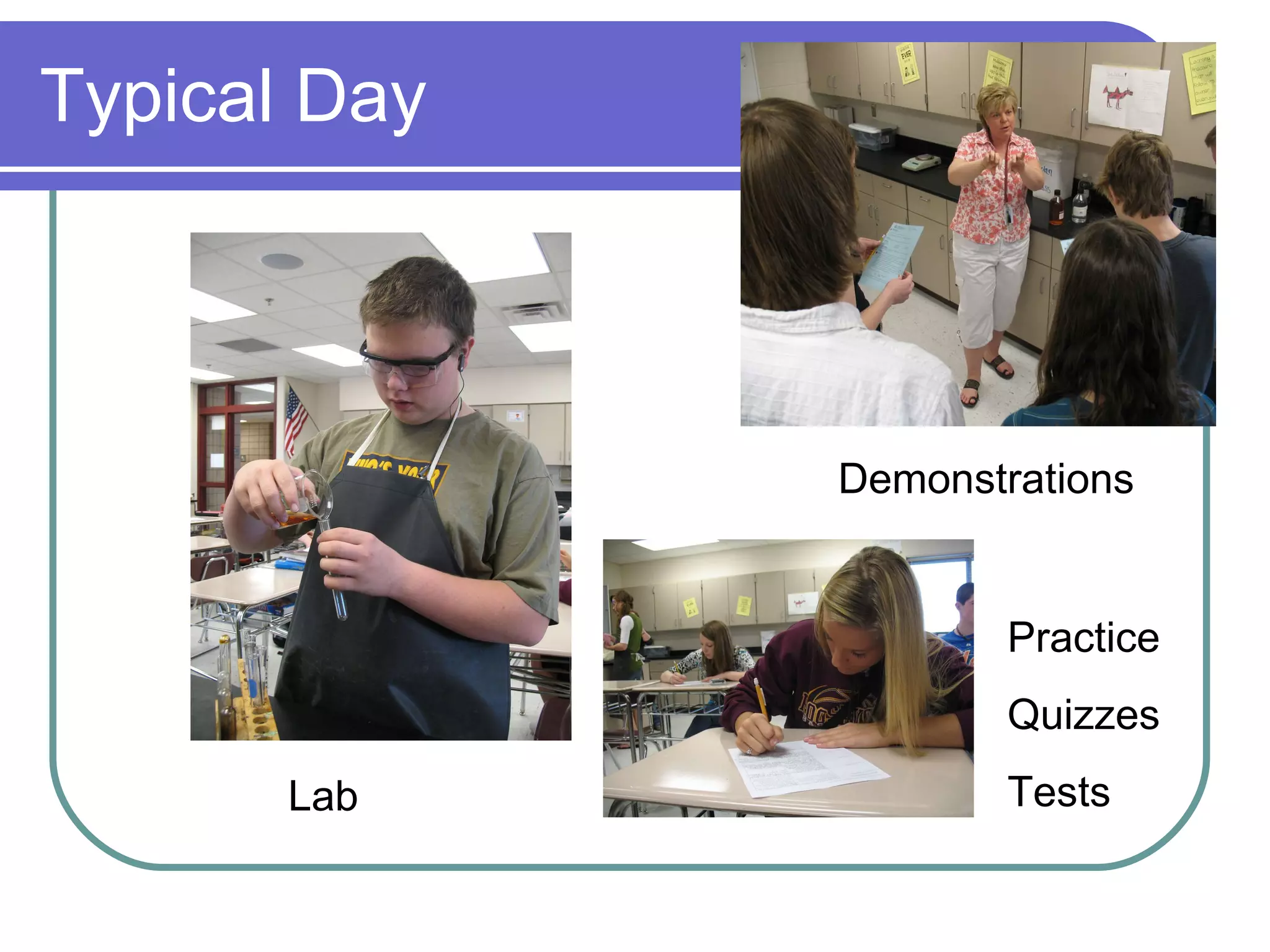 Typical Day Demonstrations Lab Practice Quizzes Tests 