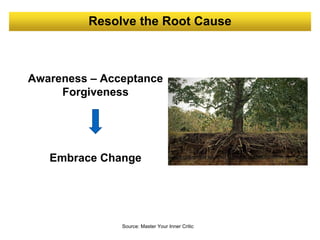 Resolve the Root Cause
Source: Master Your Inner Critic
Awareness – Acceptance
Forgiveness
Embrace Change
 