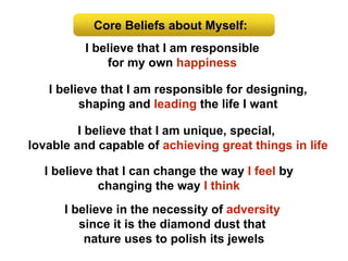 I believe that I am responsible
for my own happiness
I believe that I am responsible for designing,
shaping and leading the life I want
I believe that I am unique, special,
lovable and capable of achieving great things in life
I believe in the necessity of adversity
since it is the diamond dust that
nature uses to polish its jewels
Core Beliefs about Myself:
I believe that I can change the way I feel by
changing the way I think
 